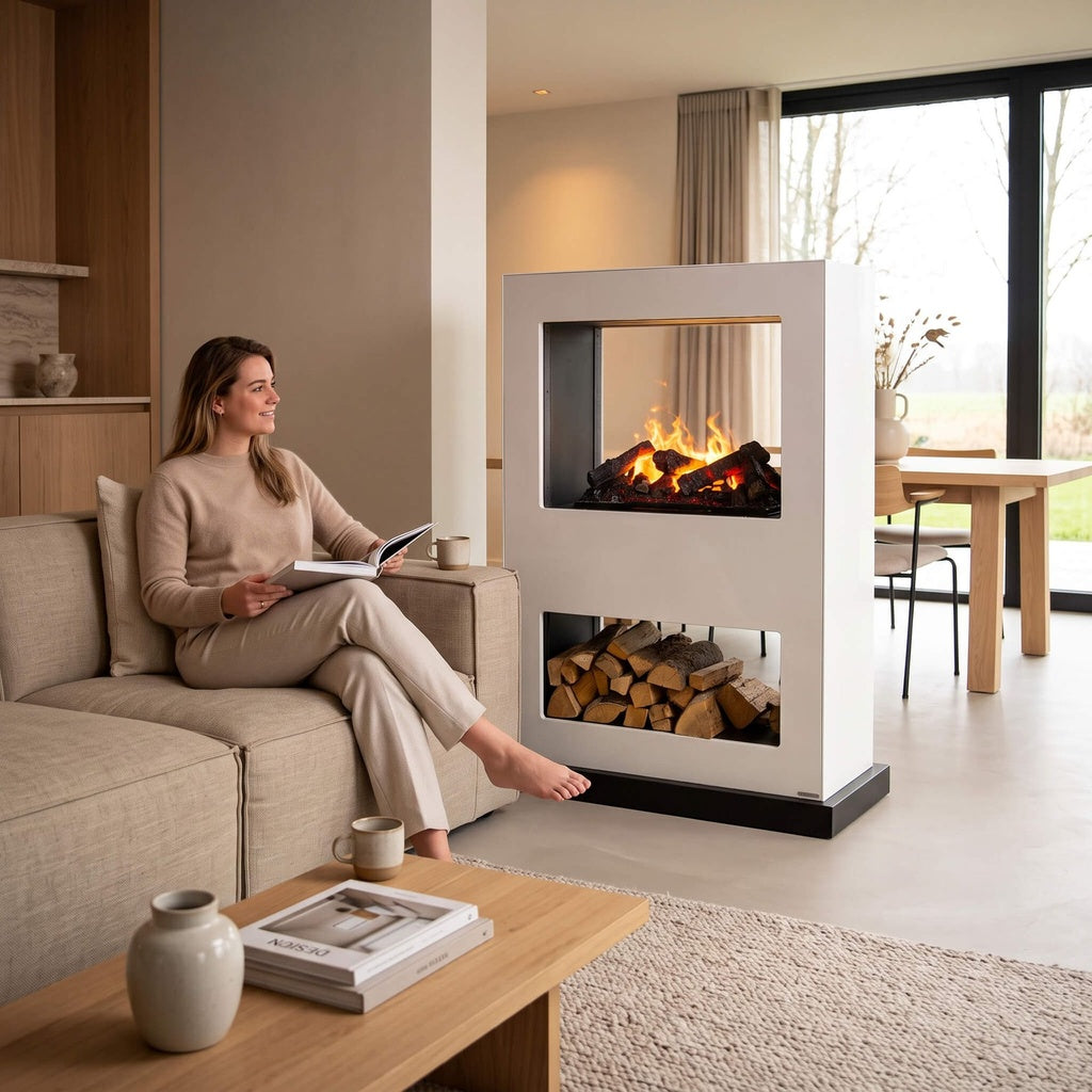 Witte Xaralyn Lasize waterdamp roomdivider in een woonkamer